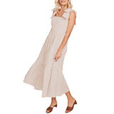 Women Plain Tie Shoulder Ruffle Hem Maxi Dress