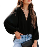 Women's Notched V Neck Lantern Sleeve Plain Blouse