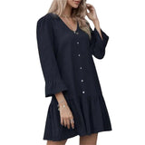 Women 3/4 Sleeve V Neck Plain Midi Peplum Hem Smock Dress