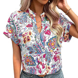 Women's Boho Floral Print V-neck Batwing Short Sleeve Contrast Top