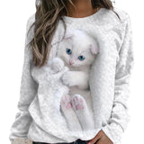 Women Crew Neck White Cat Print Sweatshirt