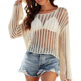 Women Open Knit Bell Sleeve Sheer Solisd Crochrt Beach Cover Up Knit Sweater