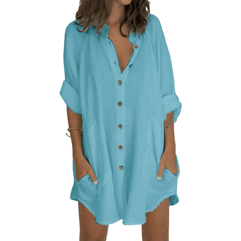 Women Solid Baggy Long Sleeve Shirt Dress Beach Cover Up Loose Button Down Top