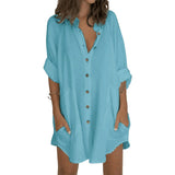 Women Solid Baggy Long Sleeve Shirt Dress Beach Cover Up Loose Button Down Top