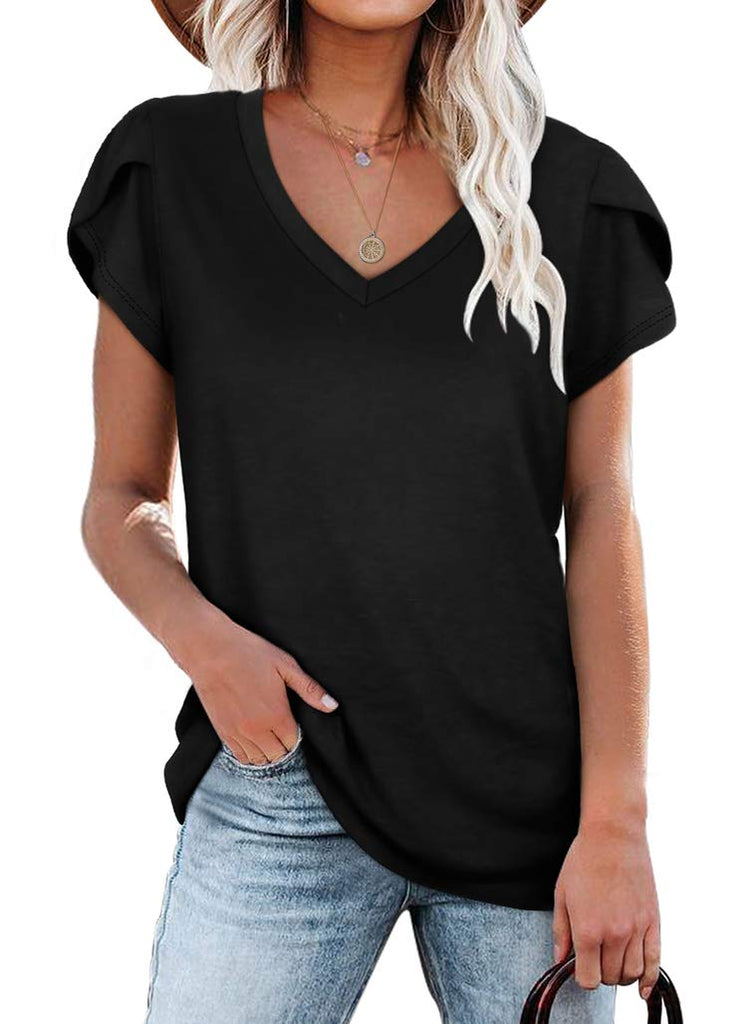 Women's Petal Sleeve Casual T-shirts - Black