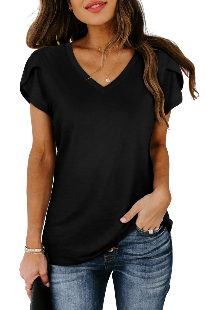 Women's Petal Sleeve Casual T-shirts - Black