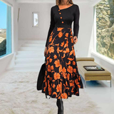 Black Print Long Sleeve Button Dress