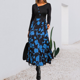 Black Print Long Sleeve Button Dress