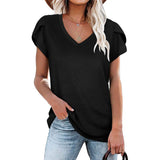 Women's Petal Sleeve Casual T-shirts - Black