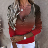 Button Ombre Print Slim Long Sleeve Top