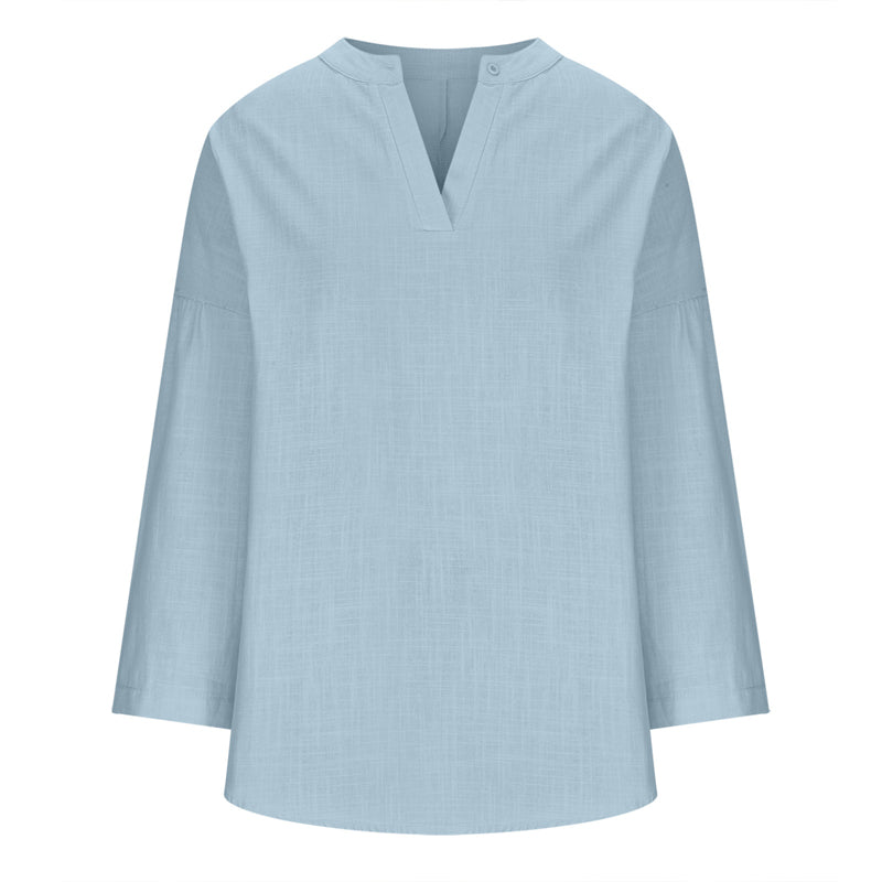 V-neck Plain Long Sleeve Linen Casual Shirt Blouse
