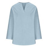 V-neck Plain Long Sleeve Linen Casual Shirt Blouse
