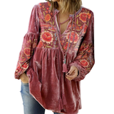 Women's V Neck Tie Front Gathered Floral Long Sleeve Velvet Tunic Blouse
