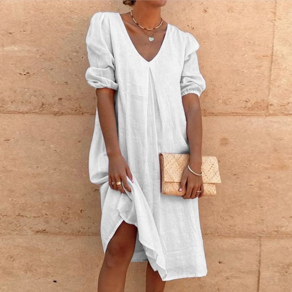 Cotton Linen V-Neck Mid-Sleeve Long Dress