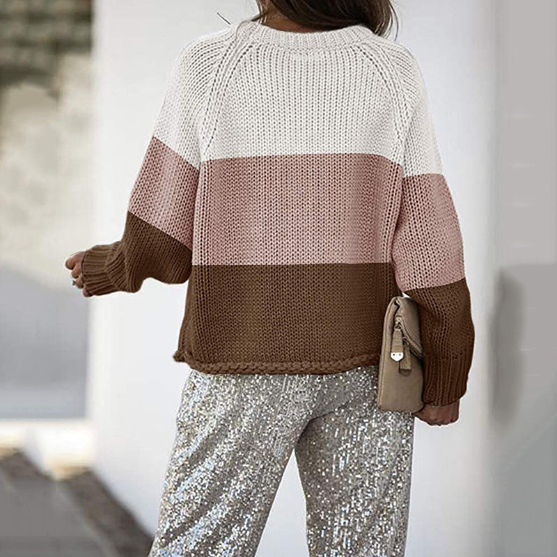 Crew Neck Color Block Knit Sweater