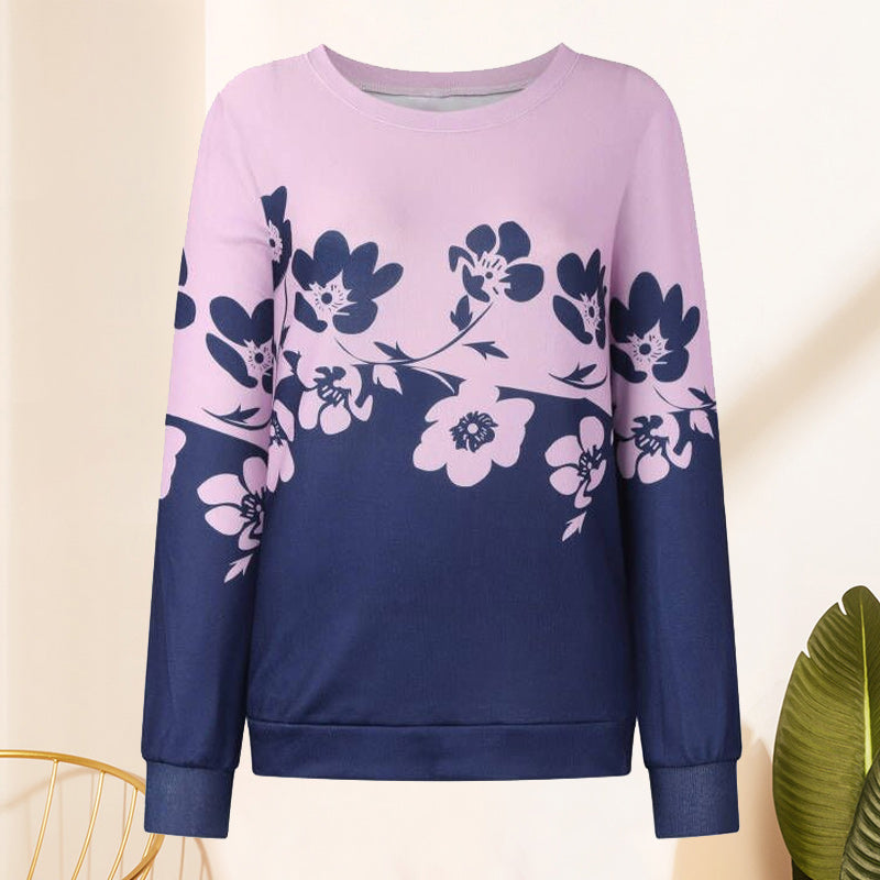 Crew Neck Long Sleeve Floral Print Sweatshirt