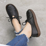 Cutout Woven Textured Lace-up Leather Shoes