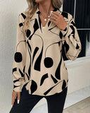 Graphic Print Notched Neck Long Sleeve Blouse