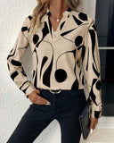 Graphic Print Notched Neck Long Sleeve Blouse