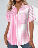 Striped Short Sleeve Button Lapel Shirt with Pocket