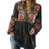 Women's V Neck Tie Front Gathered Floral Long Sleeve Velvet Tunic Blouse