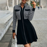 Elegant Stand Collar Patchwork Plaid Dress