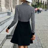 Elegant Stand Collar Patchwork Plaid Dress