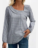 Striped Asymmetrical Neck Long Sleeve Blouse