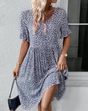 Blue And White Floral Print Flounce Sleeve Dress