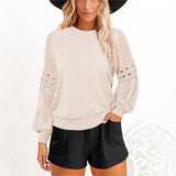 Women's Solid Color Long Cutout Lace Sleeves Round Neck Shirt Top