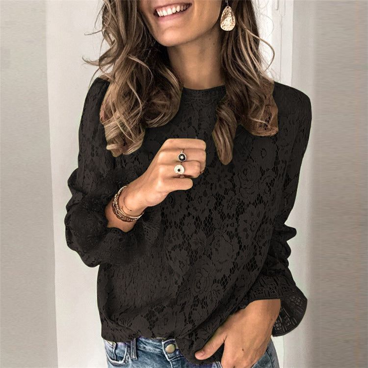 Flared Sleeve Long Sleeve Hollow Lace Shirt