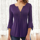 Flared Sleeve V-Neck Pleated Blouse