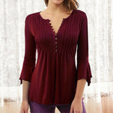 Flared Sleeve V-Neck Pleated Blouse