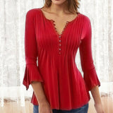Flared Sleeve V-Neck Pleated Blouse