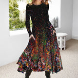 Printed Round Neck Long Sleeve A-Line Dress