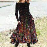 Printed Round Neck Long Sleeve A-Line Dress