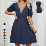 Women Boho V Neck Solid High Waist Tunic Dress