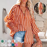 Women's Stripe Solid Color Beach Vacation Sunscreen Midi Shirt Blouse