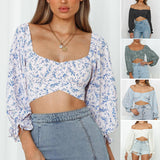 Women's Off Shoulder Floral Print Strappy Crop Top Shirt