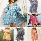 Women's Floral String Puff Sleeve Loose Mini Dress