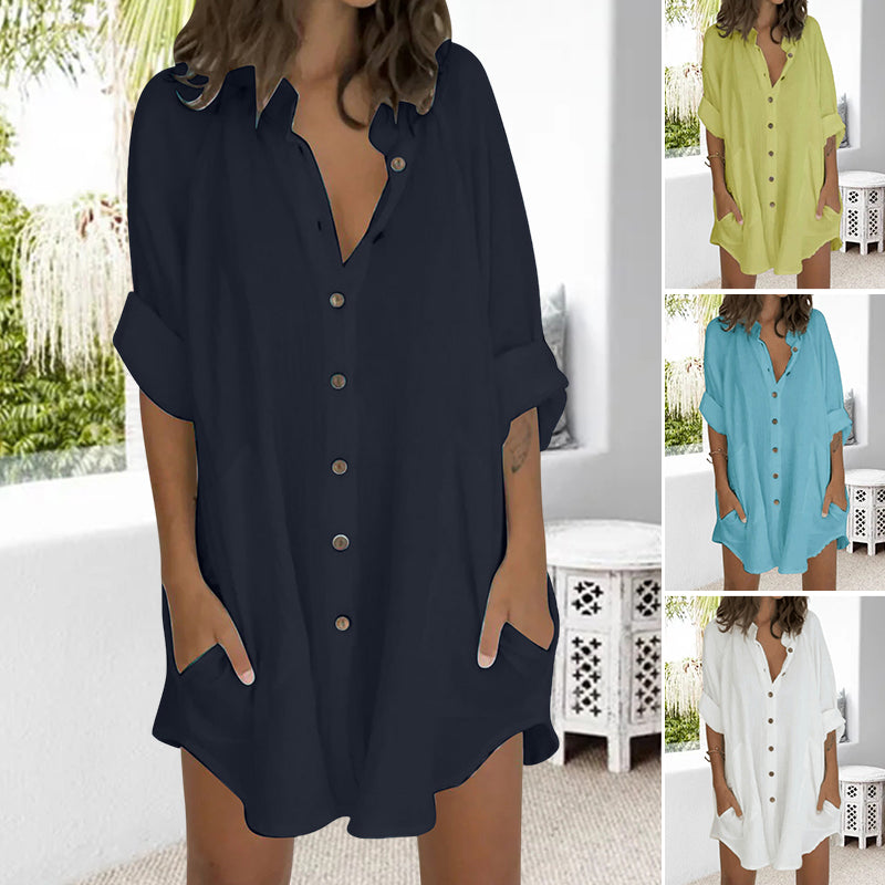 Women Solid Baggy Long Sleeve Shirt Dress Beach Cover Up Loose Button Down Top