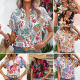 Women's Boho Floral Print V-neck Batwing Short Sleeve Contrast Top