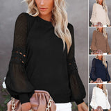 Women's Solid Color Long Cutout Lace Sleeves Round Neck Shirt Top