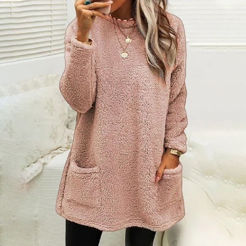 Furry Crew Neck Long Sleeve T-shirt With Pockets