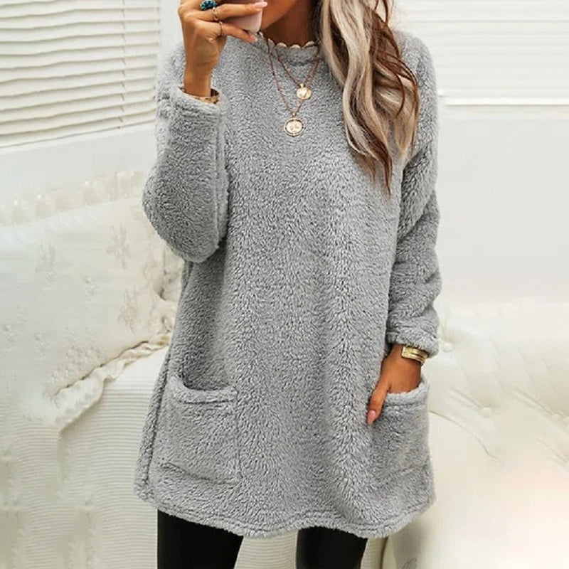 Furry Crew Neck Long Sleeve T-shirt With Pockets