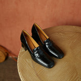 Leather Elegant Square Heel Loafers