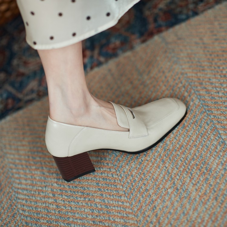 Leather Elegant Square Heel Loafers