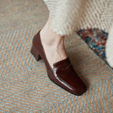 Leather Elegant Square Heel Loafers