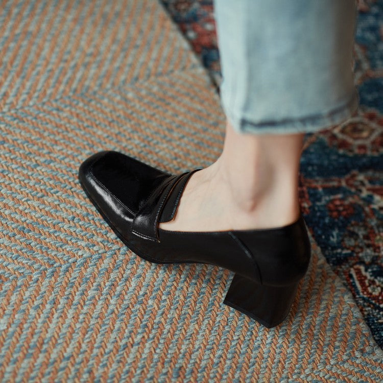 Leather Elegant Square Heel Loafers