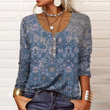 Long Sleeve Geometric Floral U-Neck Button T-Shirt